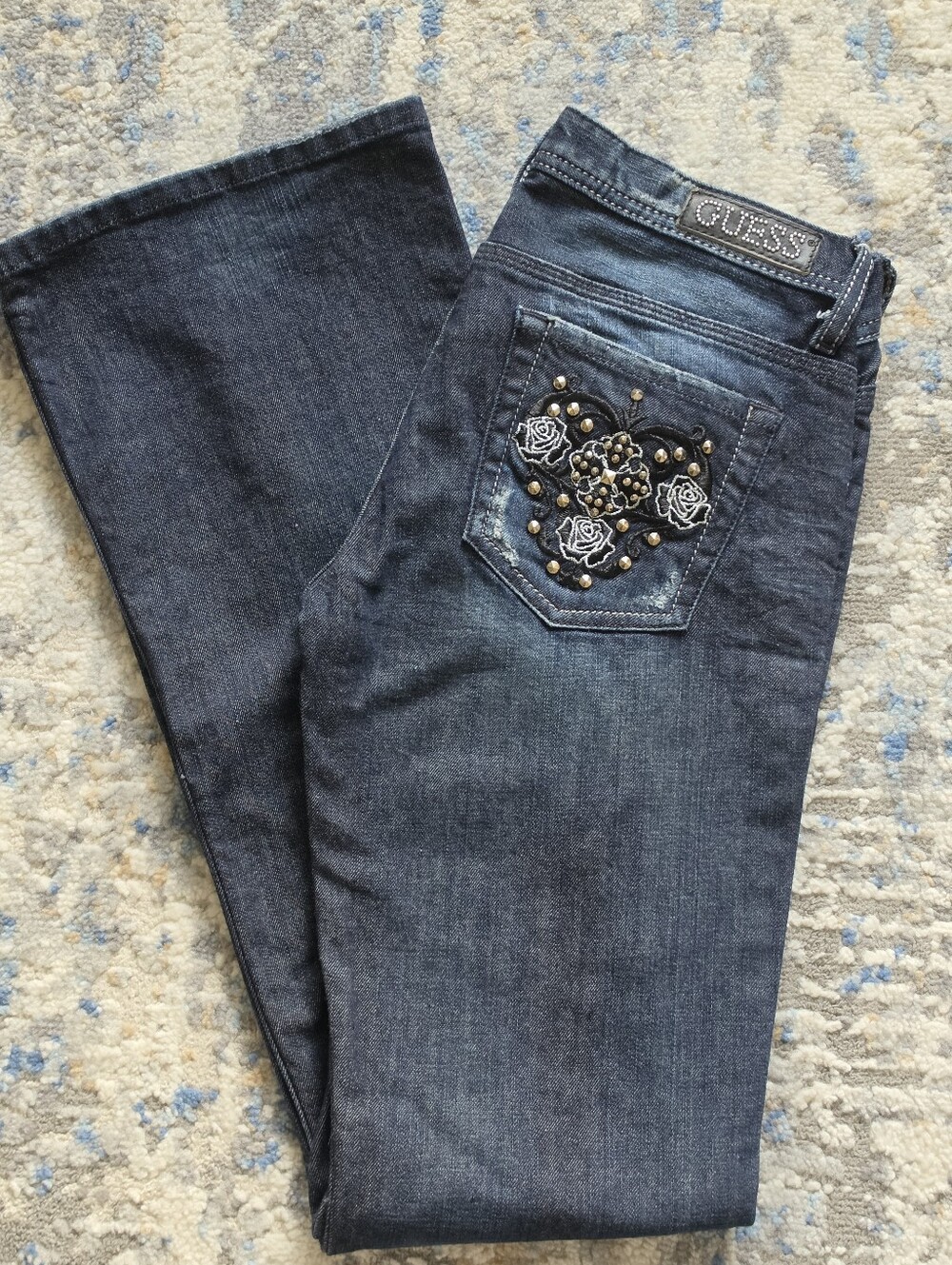 GUESS Women’s Dark Blue Distressed Flare Jeans